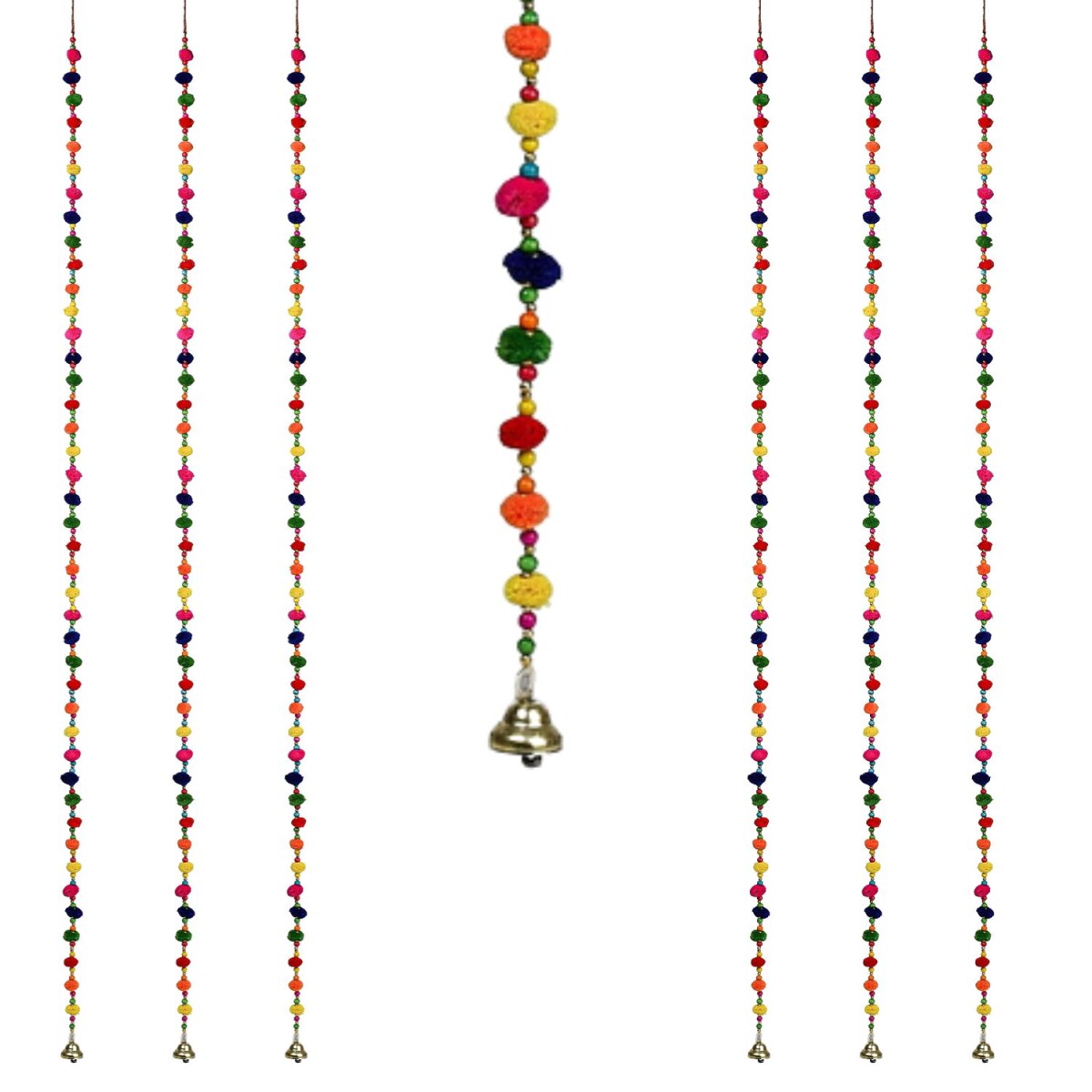 6er Set Dekoaufhänger Pom Pom Bunt mit Glöckchen B