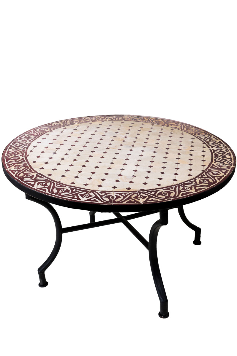 Marokkanischer Mosaiktisch Meknes Beige Bordeaux ø 10